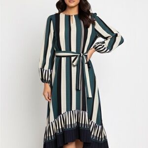 Striped Long Sleeve Belted Dress
